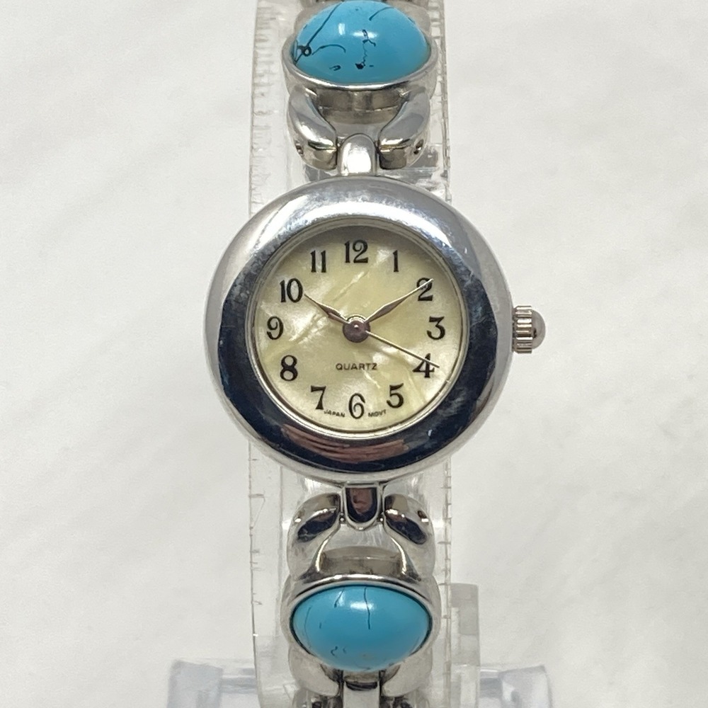 Womens Watch 23mm Silver Tone Faux Turquoise Cab MOP Southwest New Battery 7"